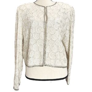 Laurence Kazar Blazer XL Silk Glass Beading Eggshell Jacket